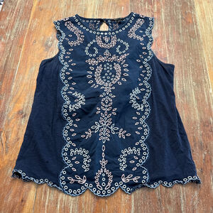 Banana Republic Navy Embroidered Eyelet Tank Top Large Pink